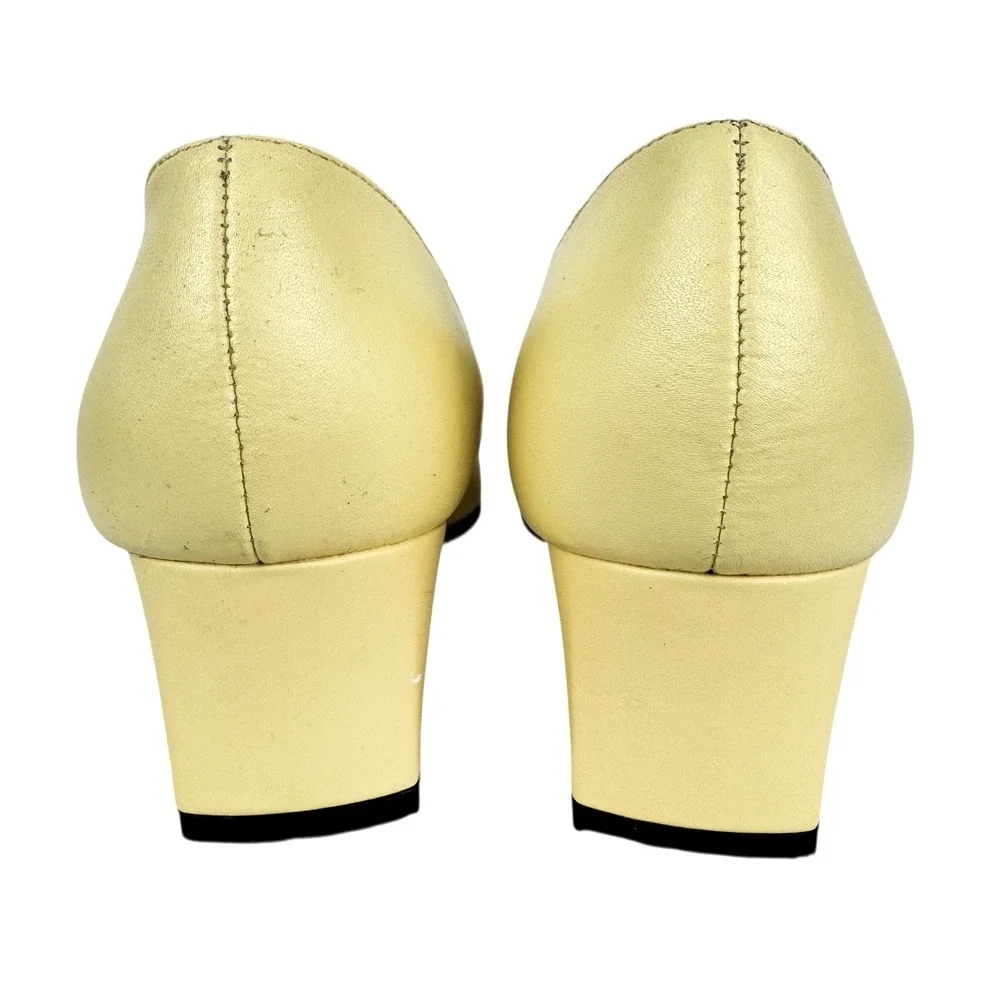 Retro Square Toe‎ Leather Heels 7.5W Pastel Yellow Block Heel 60's Mod Office